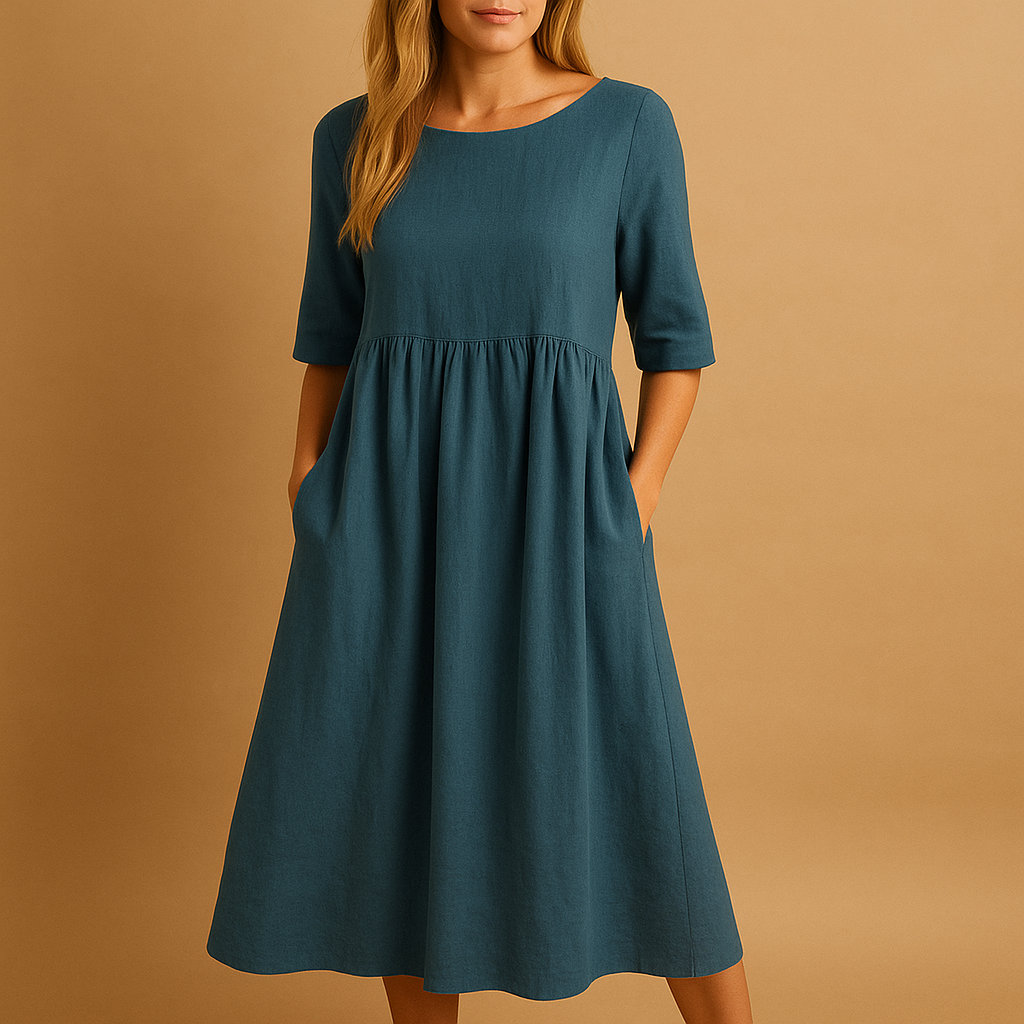 Loose Cotton Midi Dress with Round Neck and Pockets