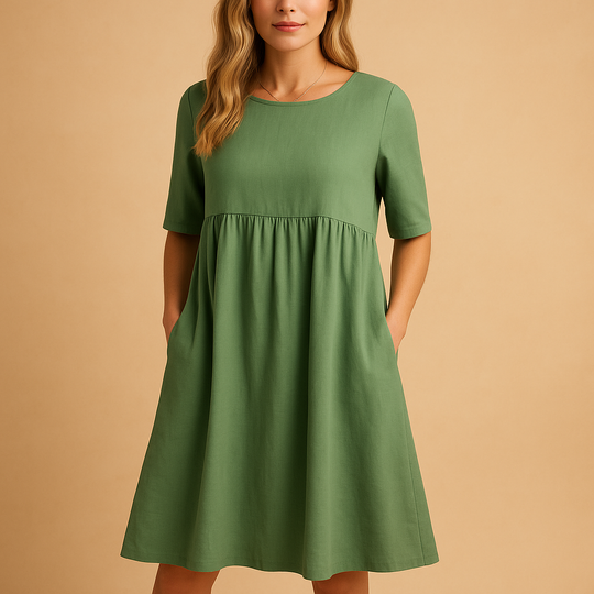 Loose Cotton Midi Dress with Round Neck and Pockets