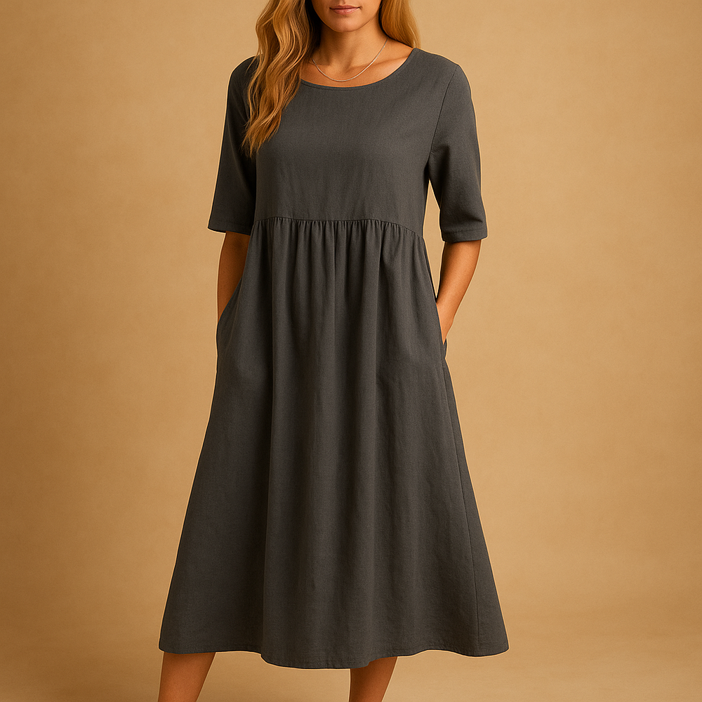Loose Cotton Midi Dress with Round Neck and Pockets
