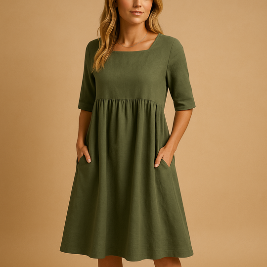 Loose Cotton Midi Dress with Round Neck and Pockets