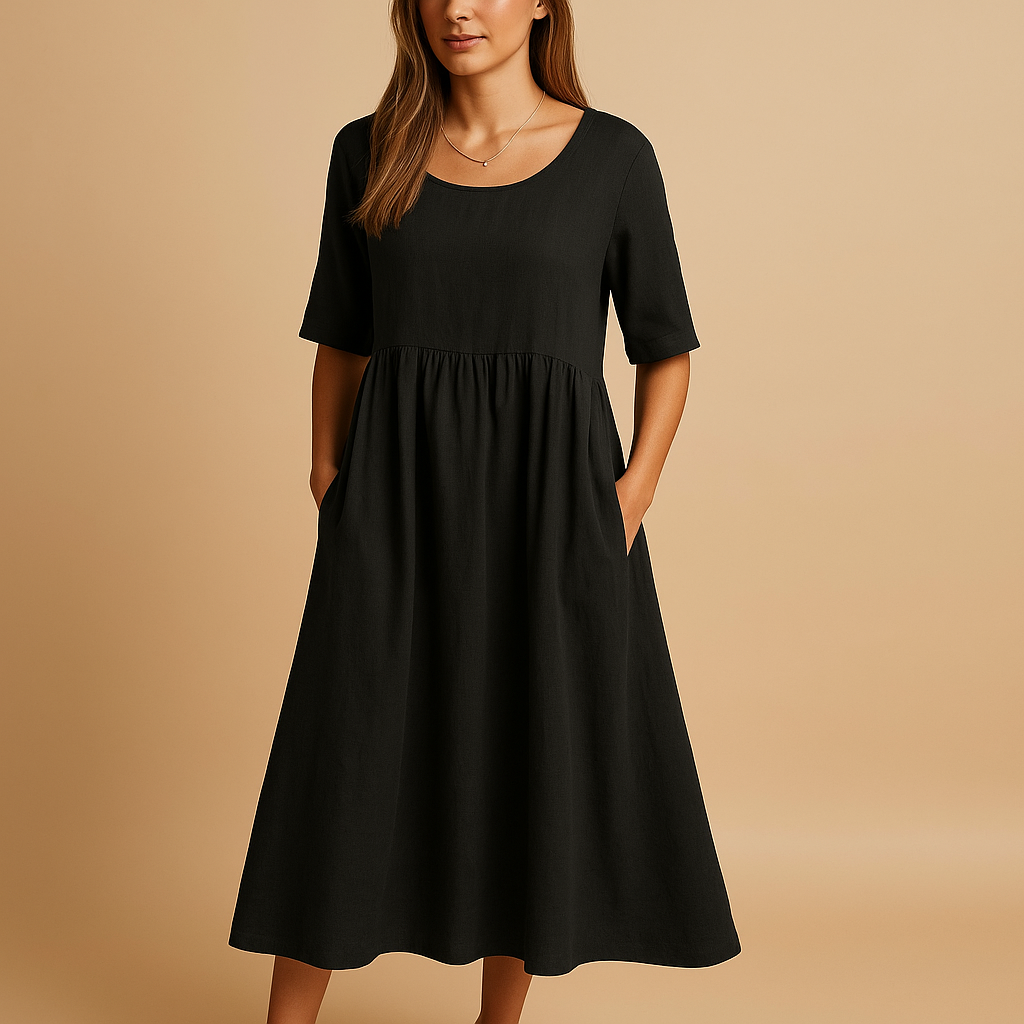 Loose Cotton Midi Dress with Round Neck and Pockets