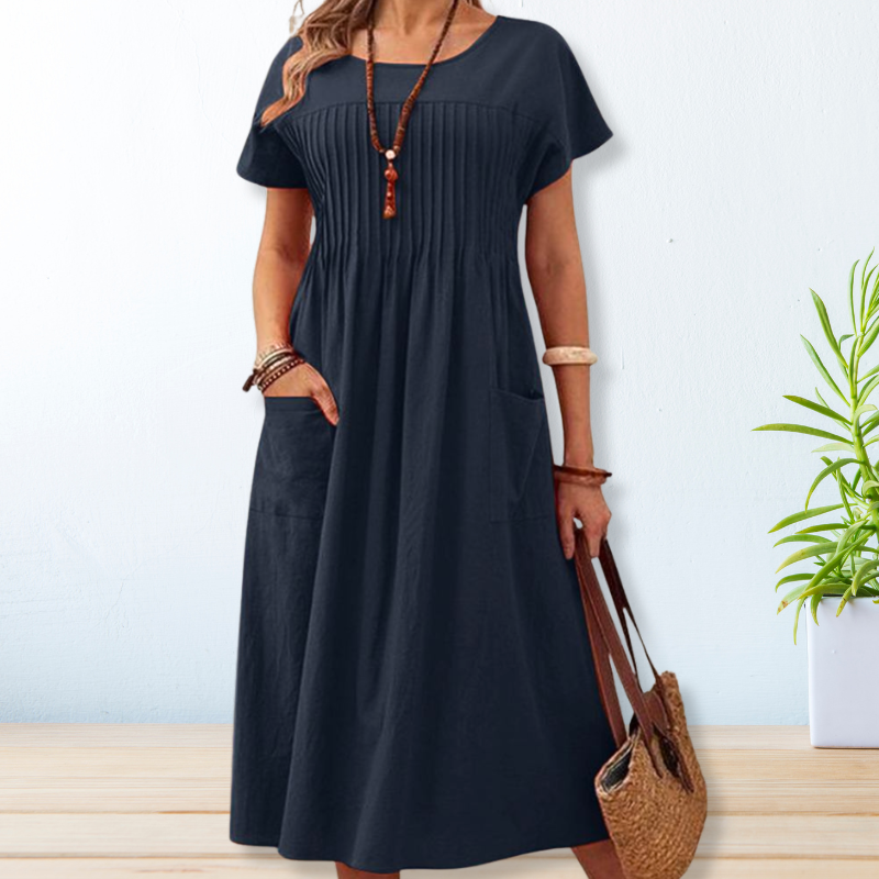 Loose Round-Neck Midi Dress with Short Sleeves and Pockets