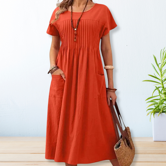 Loose Round-Neck Midi Dress with Short Sleeves and Pockets