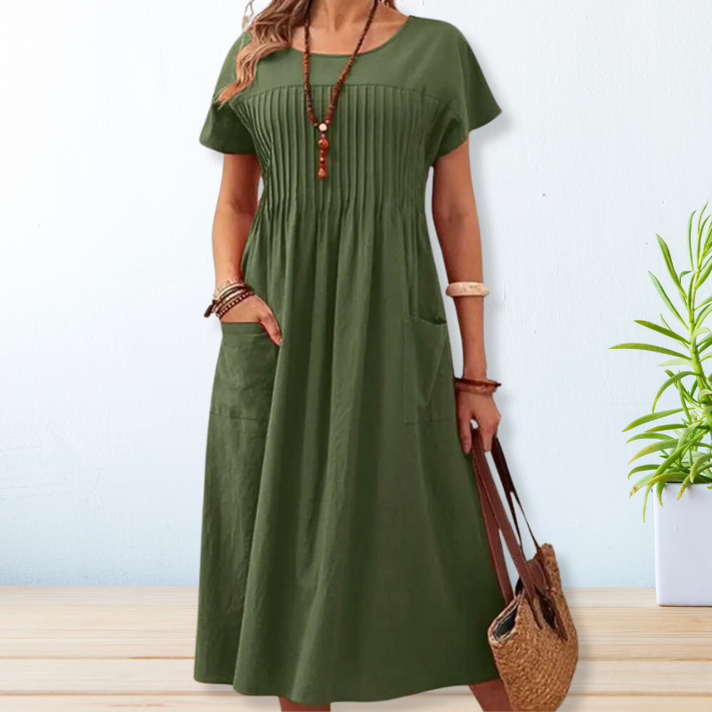 Loose Round-Neck Midi Dress with Short Sleeves and Pockets
