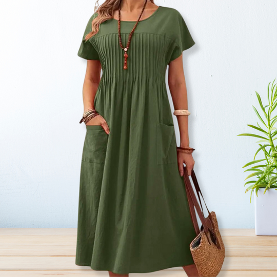 Loose Round-Neck Midi Dress with Short Sleeves and Pockets