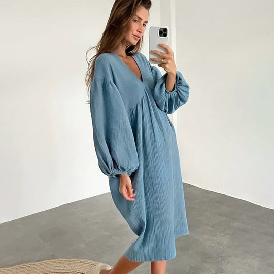 Loose V-Neck Midi Dress with Short Sleeves