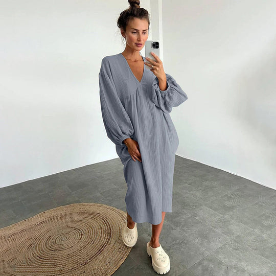 Loose V-Neck Midi Dress with Short Sleeves