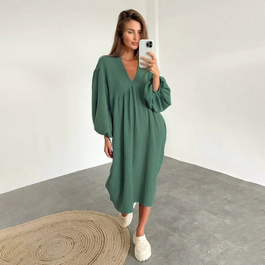 Loose V-Neck Midi Dress with Short Sleeves
