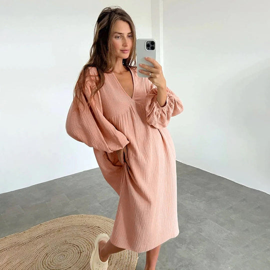 Loose V-Neck Midi Dress with Short Sleeves