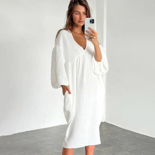 Loose V-Neck Midi Dress with Short Sleeves