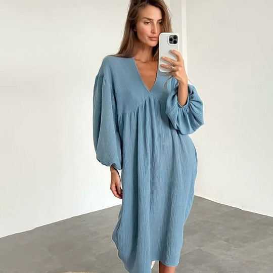 Loose V-Neck Midi Dress with Short Sleeves