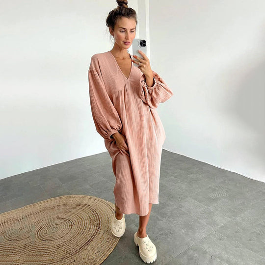 Loose V-Neck Midi Dress with Short Sleeves