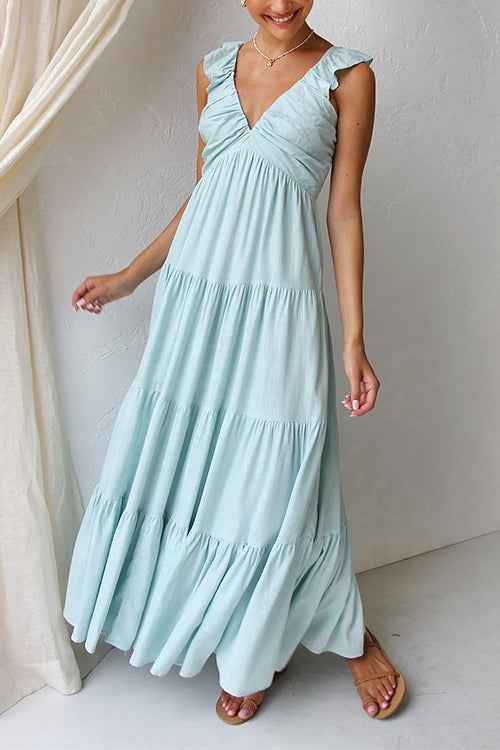Margovil Cotton-Linen Maxi Dress – Ruffled V-Neck Tiered Style