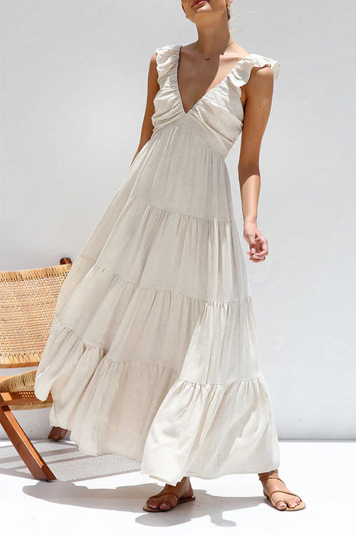 Margovil Cotton-Linen Maxi Dress – Ruffled V-Neck Tiered Style