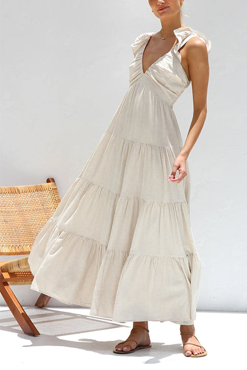 Margovil Cotton-Linen Maxi Dress – Ruffled V-Neck Tiered Style