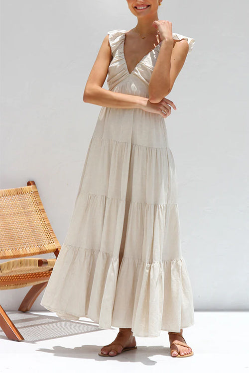 Margovil Cotton-Linen Maxi Dress – Ruffled V-Neck Tiered Style