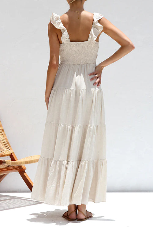 Margovil Cotton-Linen Maxi Dress – Ruffled V-Neck Tiered Style