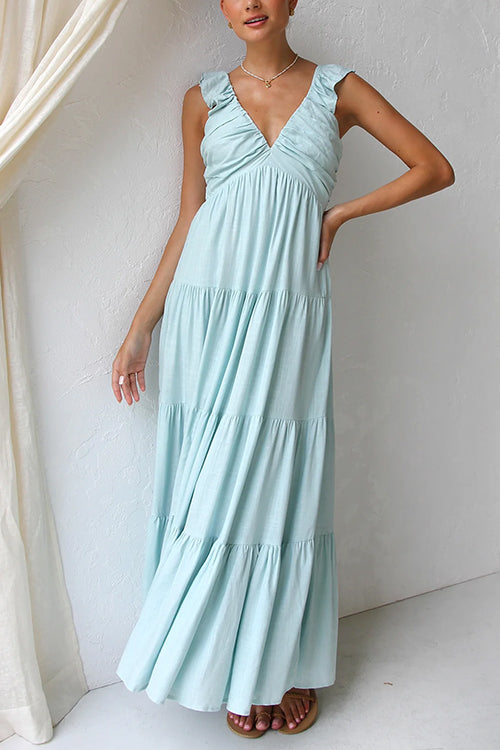 Margovil Cotton-Linen Maxi Dress – Ruffled V-Neck Tiered Style