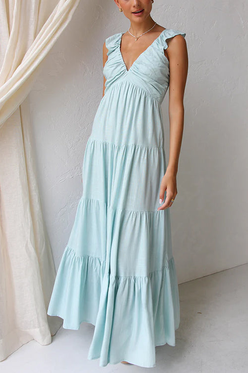 Margovil Cotton-Linen Maxi Dress – Ruffled V-Neck Tiered Style