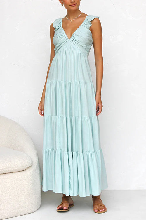 Margovil Cotton-Linen Maxi Dress – Ruffled V-Neck Tiered Style