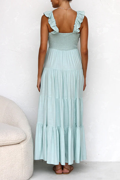 Margovil Cotton-Linen Maxi Dress – Ruffled V-Neck Tiered Style