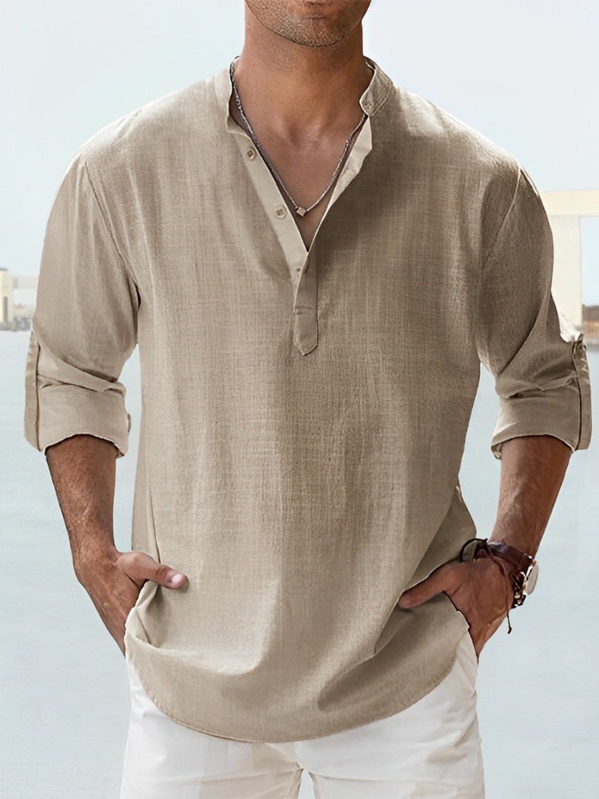 Men's Black Linen Shirt – Fitted Mandarin Collar Button-Up