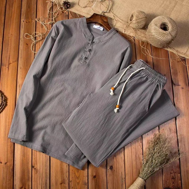 Men's Breathable Cotton Lounge Set – Loose-Fit Long-Sleeve Two-Piece Outfit