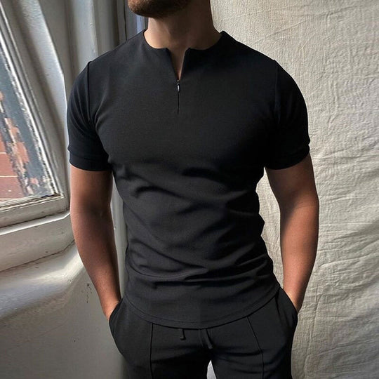 Men’s Collarless Zip Polo Shirt – Premium Short-Sleeve Henley Top