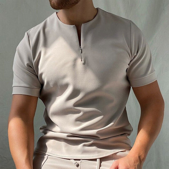 Men’s Collarless Zip Polo Shirt – Premium Short-Sleeve Henley Top