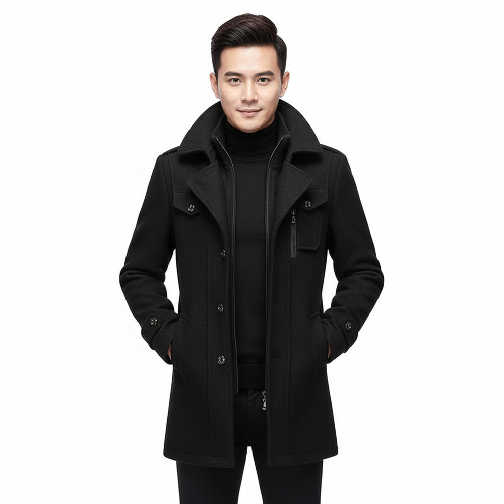 Men's Double-Layer Wool-Blend Overcoat with Single-Breasted Front