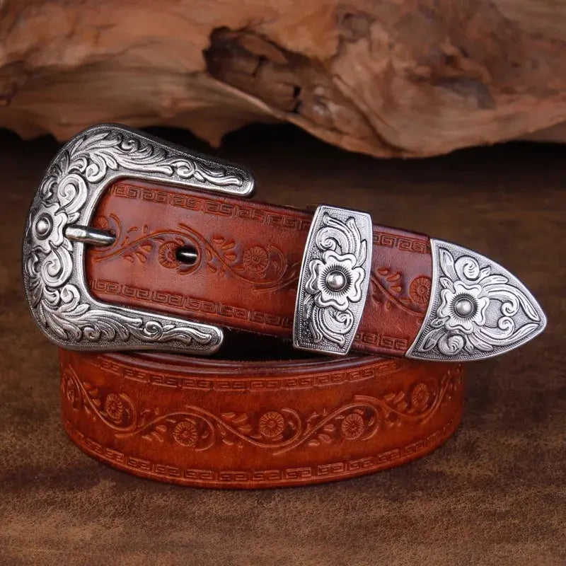 Men's Full-Grain Western Leather Belt with Engraved Buckle, 100–125 cm