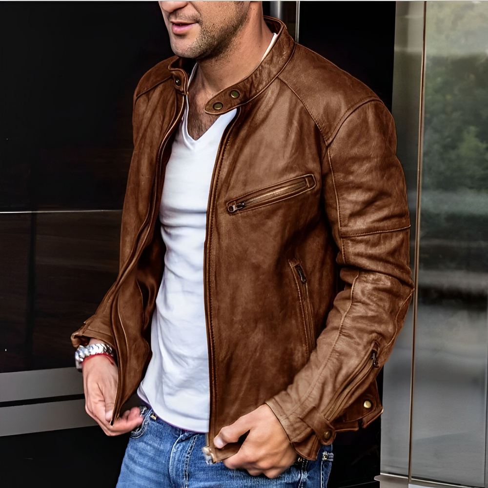 Men's Genuine Leather Zip Jacket – Fitted All-Season Outerwear