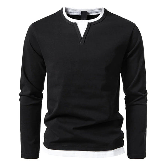 Men’s Layered-Effect Long-Sleeve Top – Soft Crew-Neck Casual Shirt