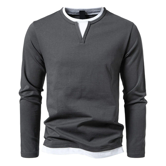 Men’s Layered-Effect Long-Sleeve Top – Soft Crew-Neck Casual Shirt