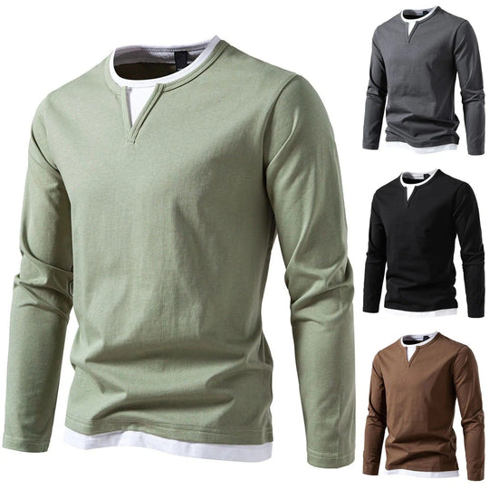 Men’s Layered-Effect Long-Sleeve Top – Soft Crew-Neck Casual Shirt