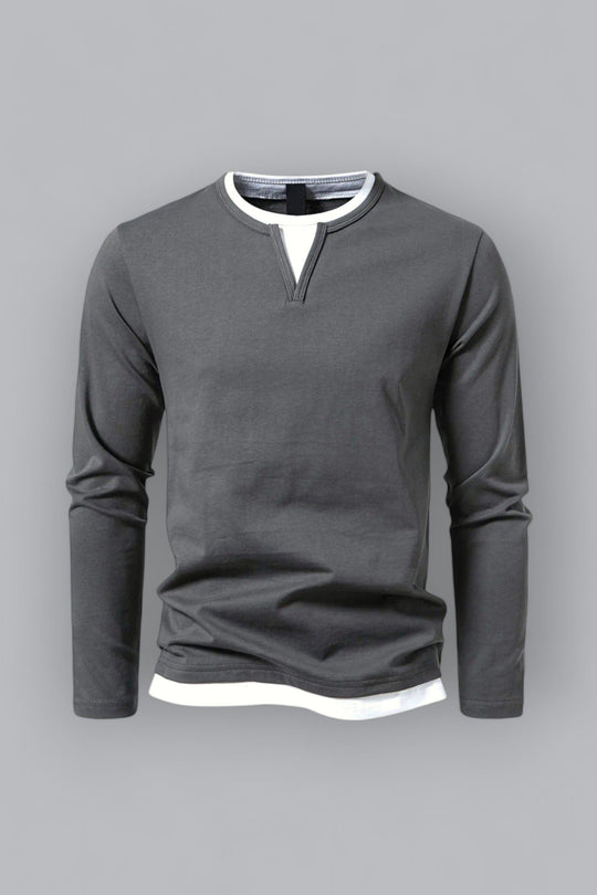 Men’s Layered-Effect Long-Sleeve Top – Soft Crew-Neck Casual Shirt