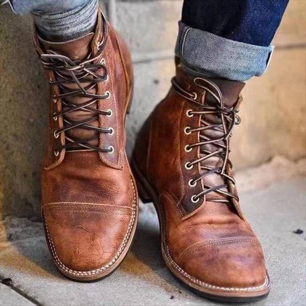 Men's Leather Lace-Up Boots with Cushioned Insoles