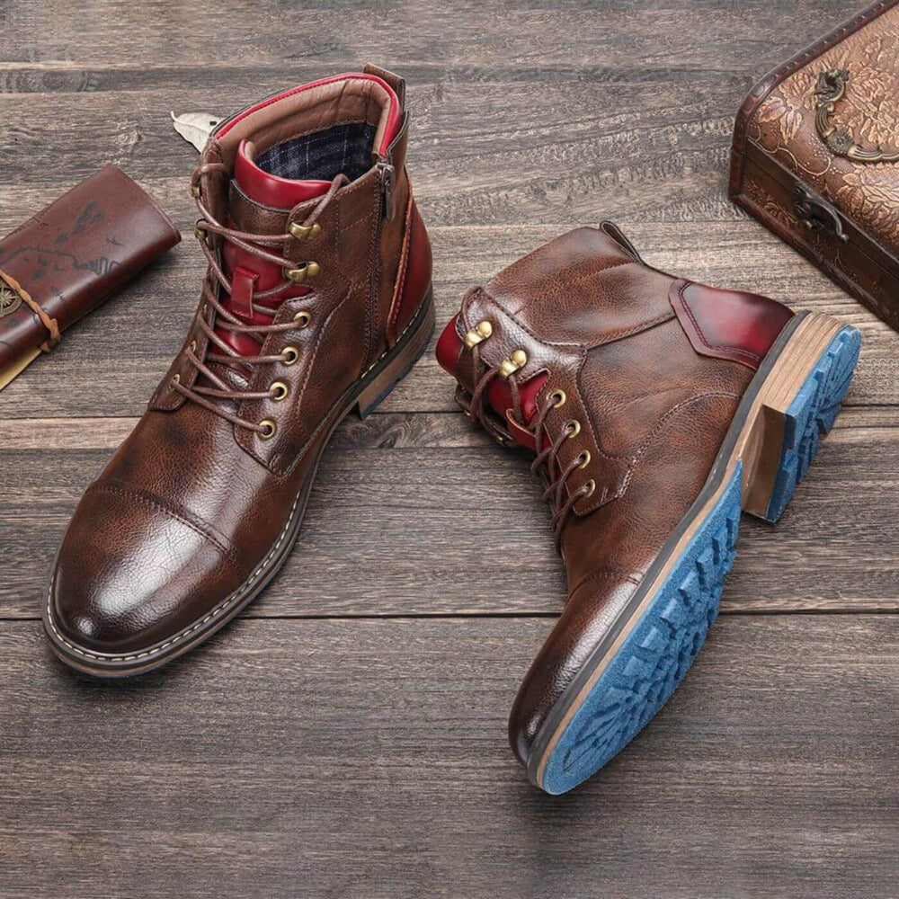 Men's Leather Oxford Lace-Up Boots – Cushioned Insole and Rubber Sole