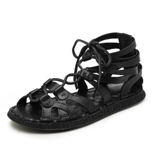 Men's Leather Roman Gladiator Sandals with Adjustable Ankle Laces
