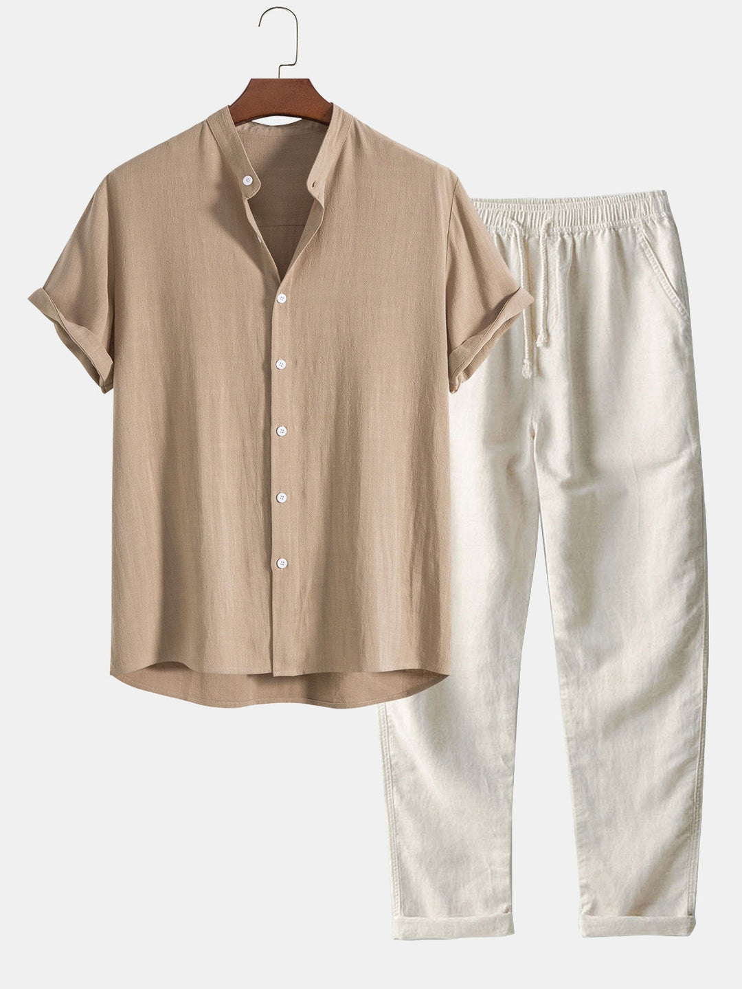 Men’s Linen-Blend Summer Set – Short-Sleeve Shirt and Elastic-Waist Trousers