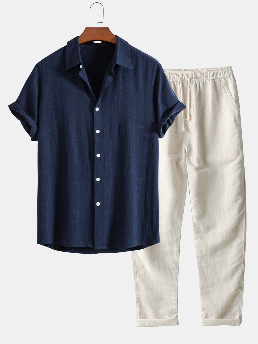 Men’s Linen-Blend Summer Set – Short-Sleeve Shirt and Elastic-Waist Trousers