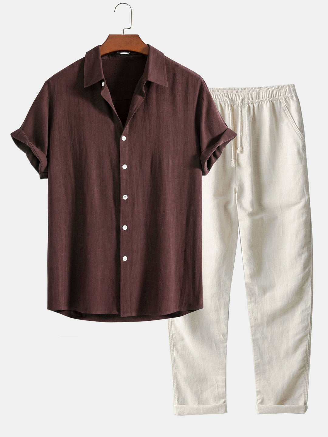 Men’s Linen-Blend Summer Set – Short-Sleeve Shirt and Elastic-Waist Trousers