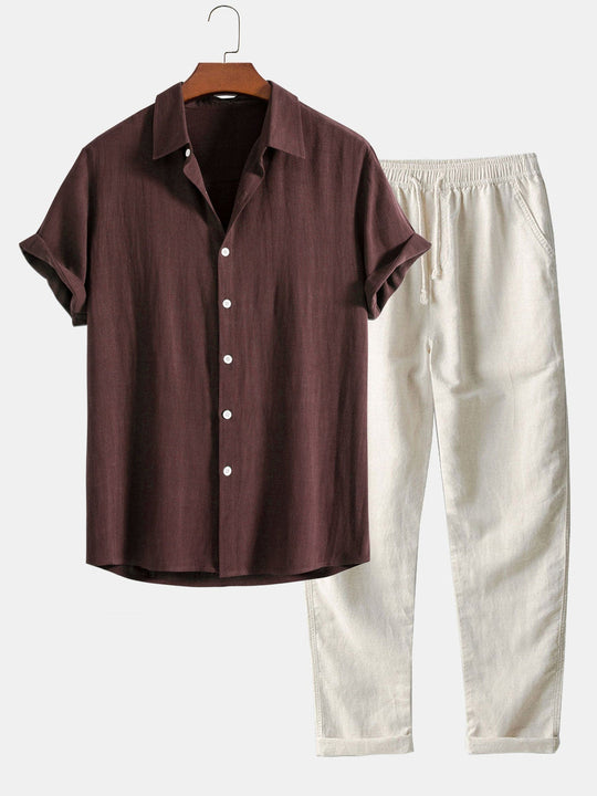 Men’s Linen-Blend Summer Set – Short-Sleeve Shirt and Elastic-Waist Trousers