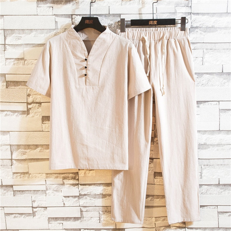 Men’s Linen-Blend Summer Set – Short-Sleeve Shirt and Lightweight Trousers