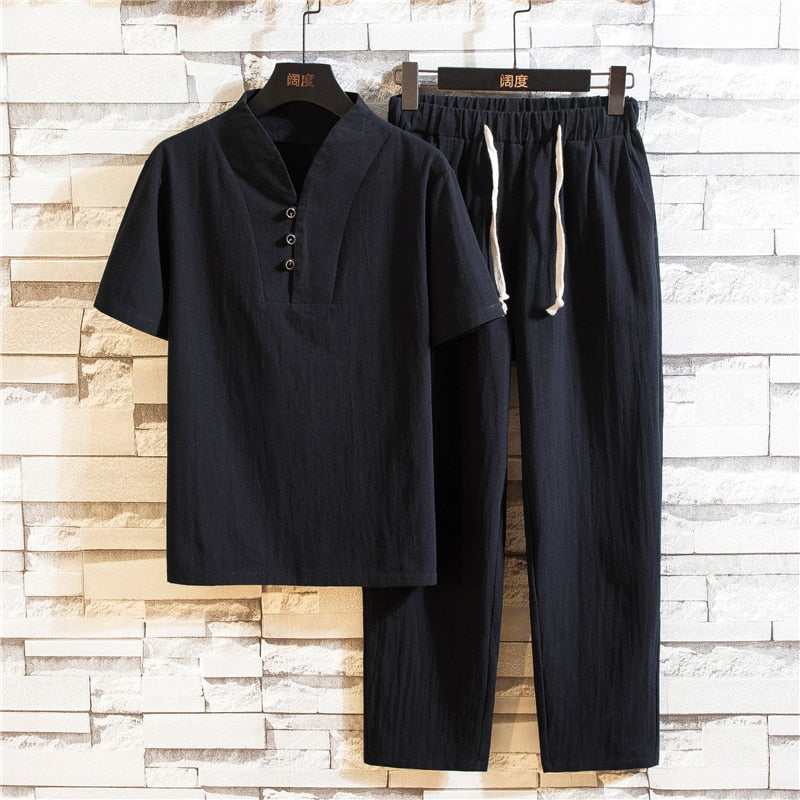 Men’s Linen-Blend Summer Set – Short-Sleeve Shirt and Lightweight Trousers