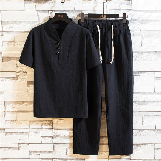 Men’s Linen-Blend Summer Set – Short-Sleeve Shirt and Lightweight Trousers