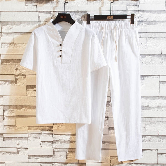 Men’s Linen-Blend Summer Set – Short-Sleeve Shirt and Lightweight Trousers