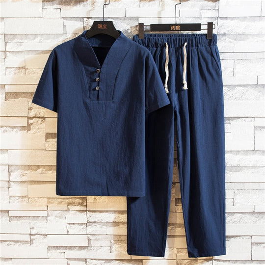 Men’s Linen-Blend Summer Set – Short-Sleeve Shirt and Lightweight Trousers