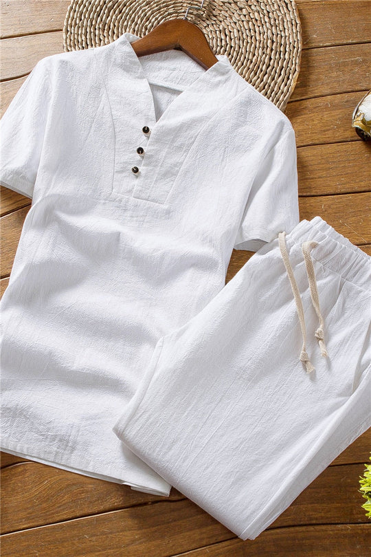 Men’s Linen-Blend Summer Set – Short-Sleeve Shirt and Lightweight Trousers