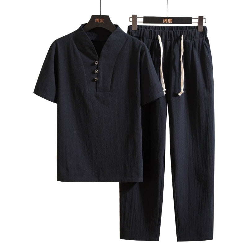 Men’s Linen-Blend Summer Set – Short-Sleeve Shirt and Lightweight Trousers